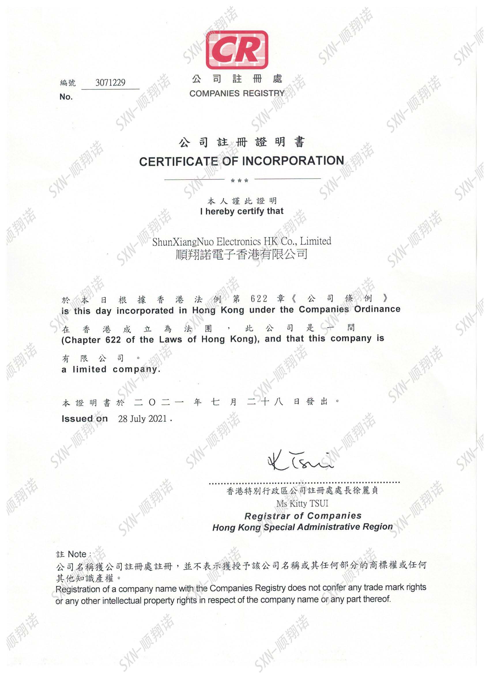 Establishment of Hong Kong company